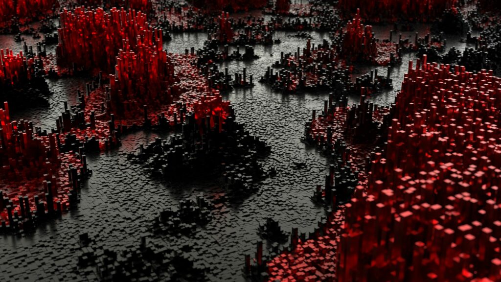 Futuristic 3D Pixelated Landscape Wallpaper - Red & Black Background