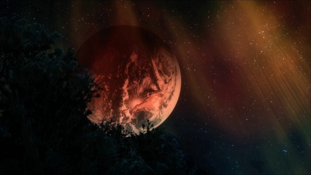 Fiery 3D Planet Wallpaper: Stunning Night Sky & Silhouetted Trees
