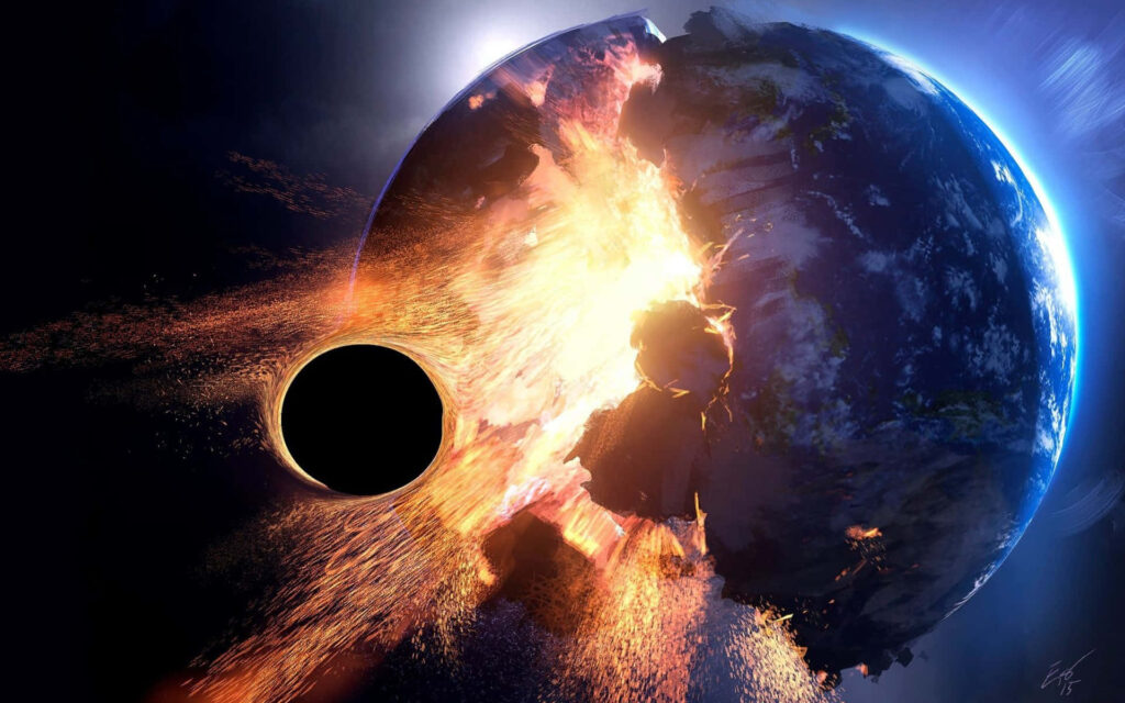 Dramatic 3D Cosmic Wallpaper: Black Hole vs. Planet Explosion