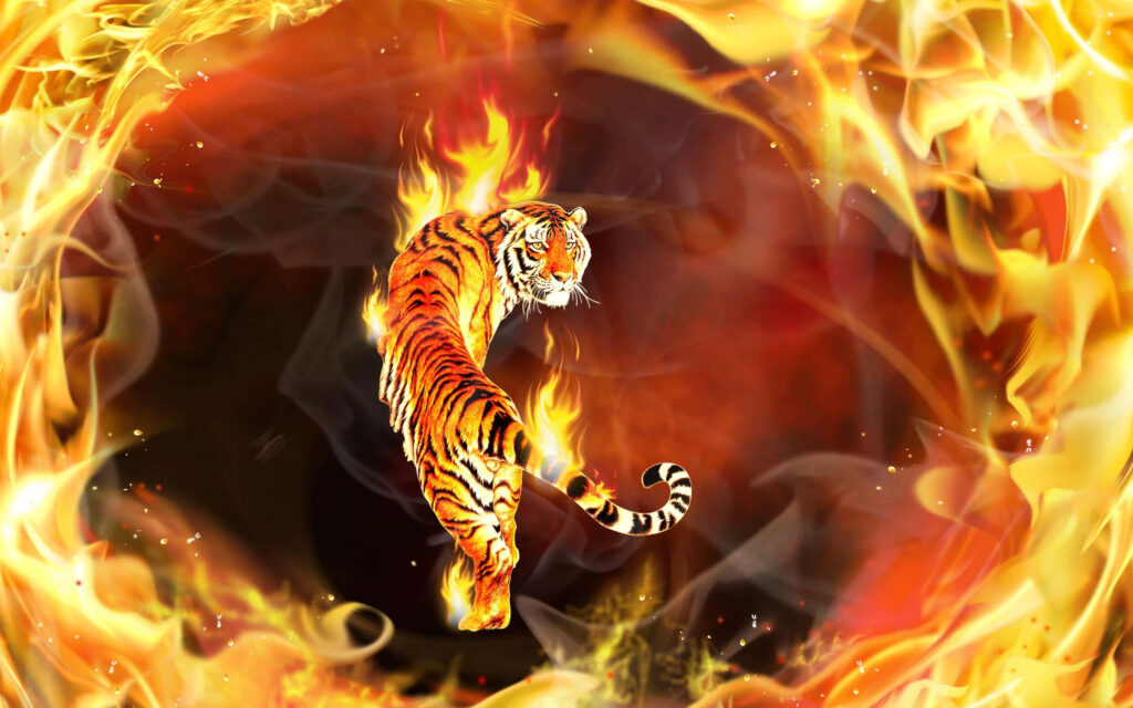 Vibrant 3D Tiger Wallpaper Surrounded by Erupting Fire Flames
