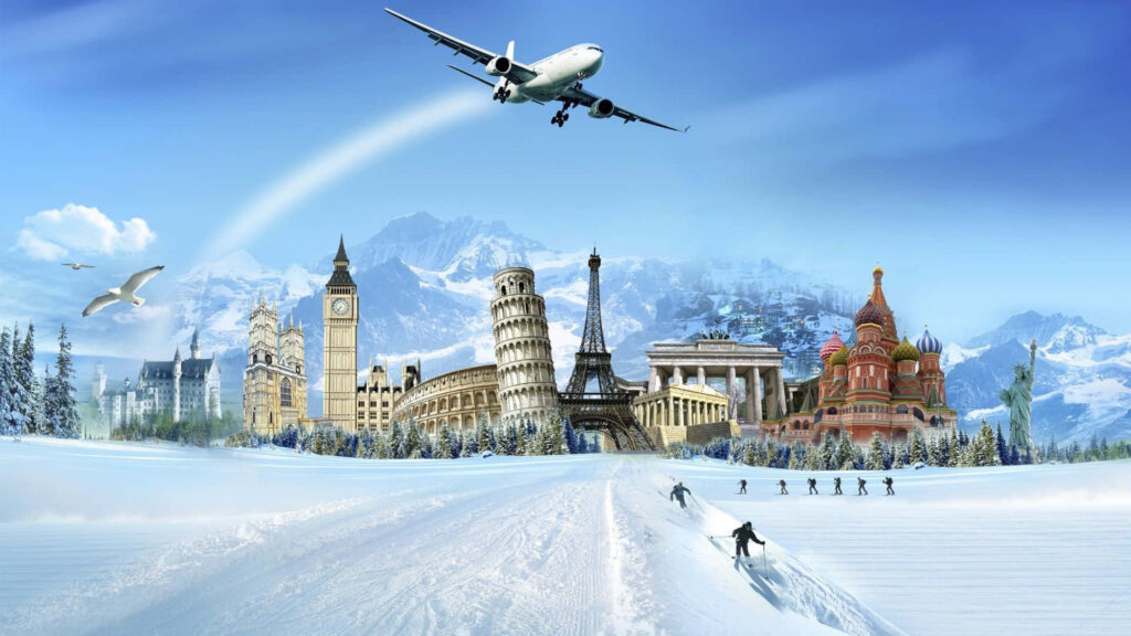 3D Travel Destination Wallpaper: Iconic Landmarks & Mountain Adventure
