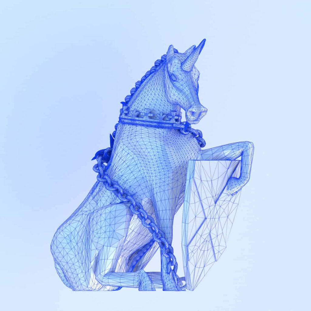 Stunning Blue Unicorn Wireframe Sculpture Wallpaper – 3D Design
