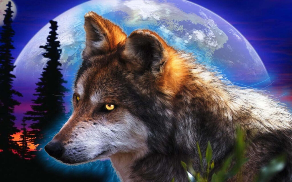 Stunning 3D Wolf Wallpaper: Nighttime Moonlit Forest Background
