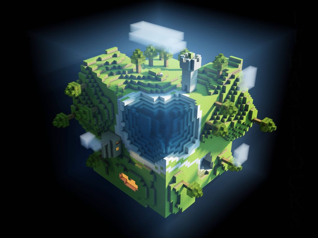 4D Minecraft cube voxel island with greenery stone tower heart-shaped water pool wallpaper