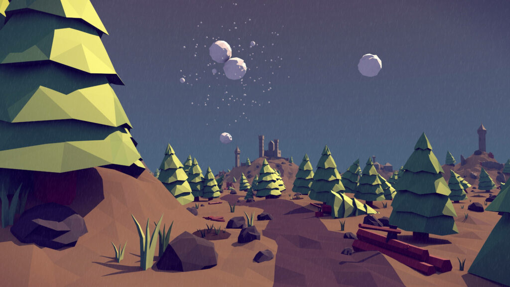 Stunning 4D Ultra HD Polygon Forest Wallpaper with Floating Spheres