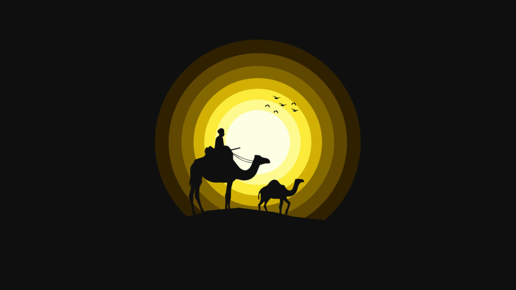 4D Ultra HD Wallpaper: Minimalist Camel Ride at Sunset Scene