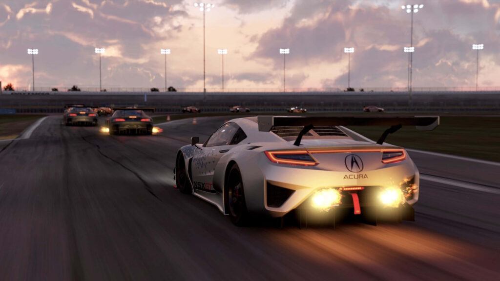 Dynamic 4K Acura Racing Wallpaper: Sunset Track Action Scene