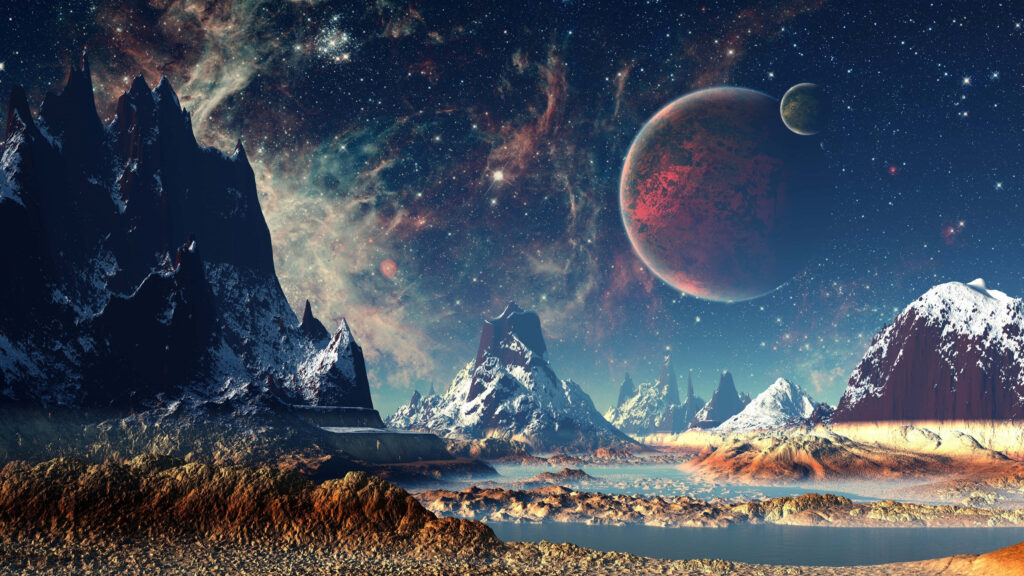 Vibrant 4K Alien Landscape Wallpaper: Starry Sky & Rugged Mountains