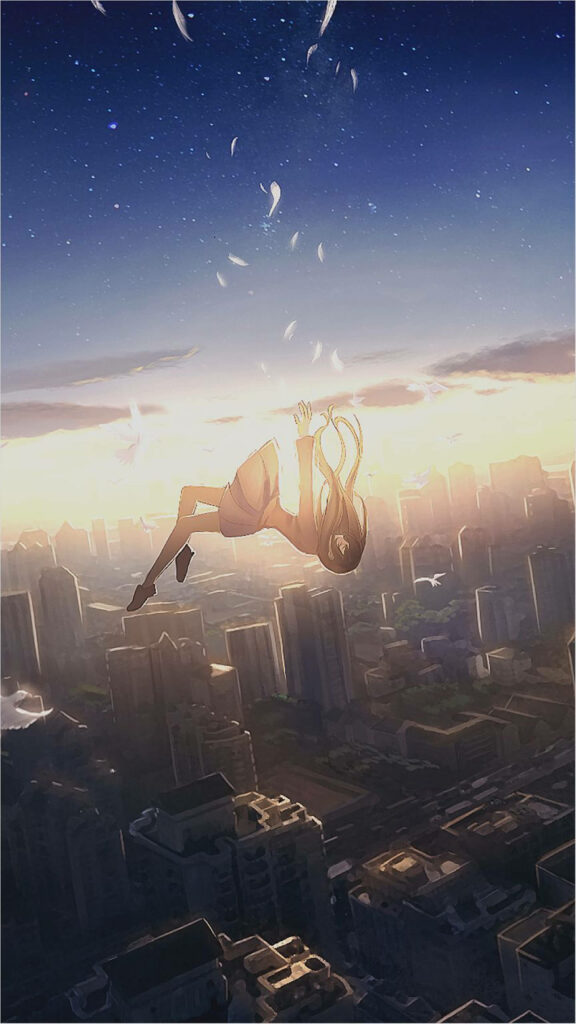 Stunning 4K Anime Wallpaper: Girl Falling in Glowing Cityscape