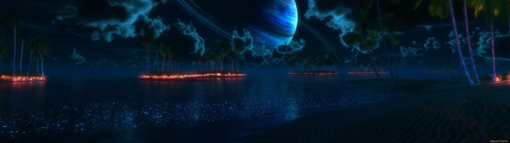 Serene 4K Beach Wallpaper: Starry Sky & Saturn Reflection