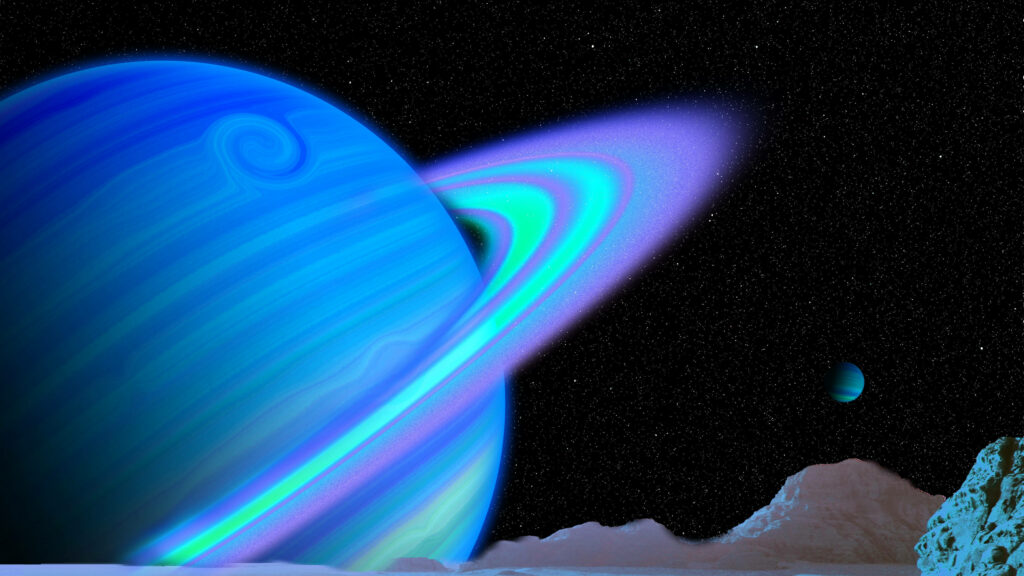 Stunning 4K Blue Saturn Wallpaper with Glowing Rings & Starry Sky