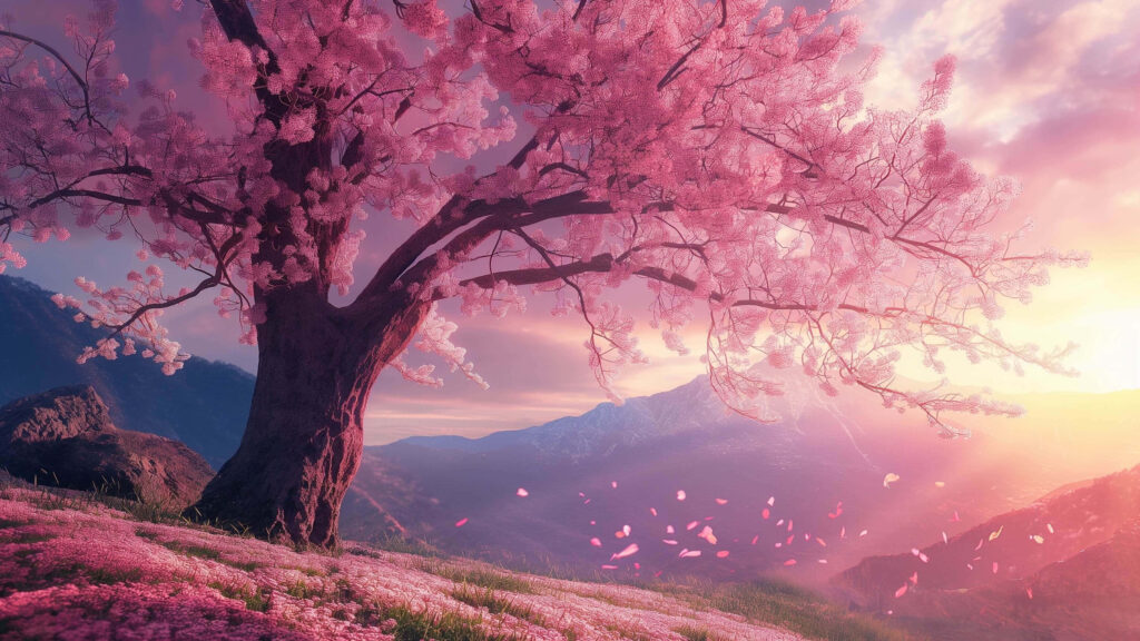 Serene Cherry Blossom 4K Wallpaper with Mountain Sunset View