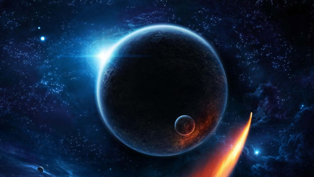 4K space wallpaper of a dark planet, moon, glowing star, and comet on a cosmic backdrop.