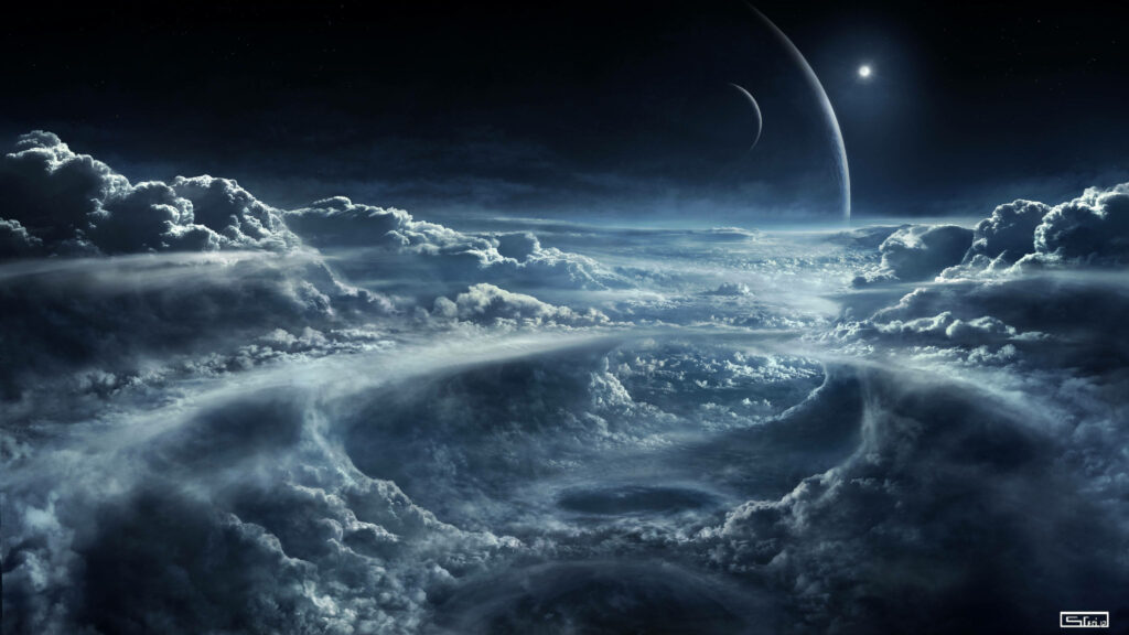 Stunning 4K Cosmic Wallpaper with Swirling Clouds & Celestial Bodies