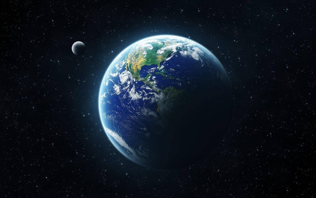 High-resolution 4k wallpaper of Earth and Moon in space with stars and North America visible