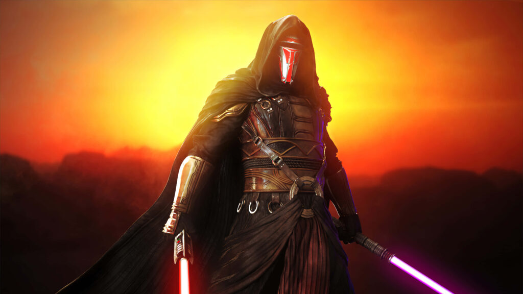 Stunning 4K Darth Revan Wallpaper: Duel of Lightsabers & Golden Sun
