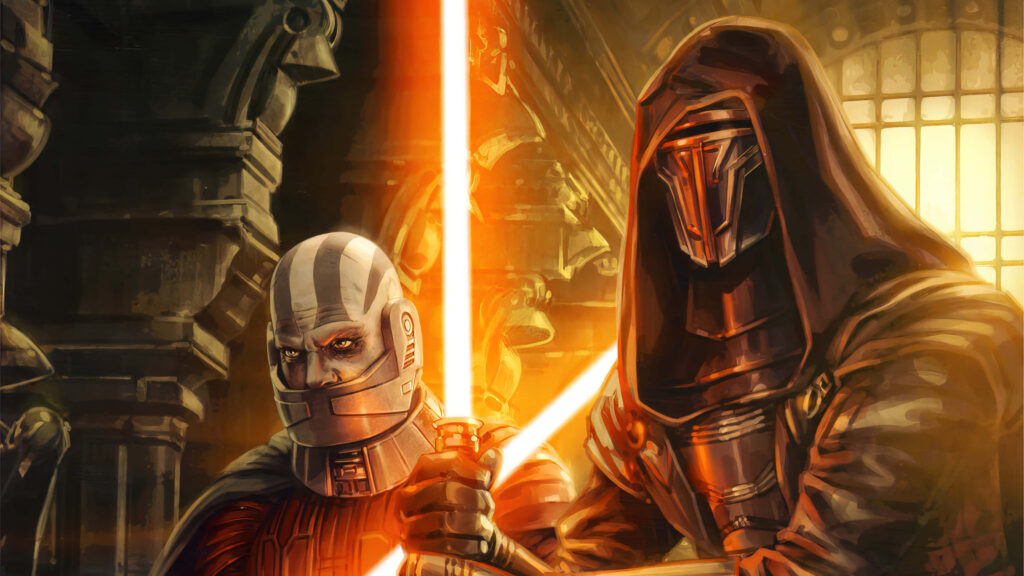 Stunning 4K Wallpaper: Darth Revan with Glowing Red Lightsaber