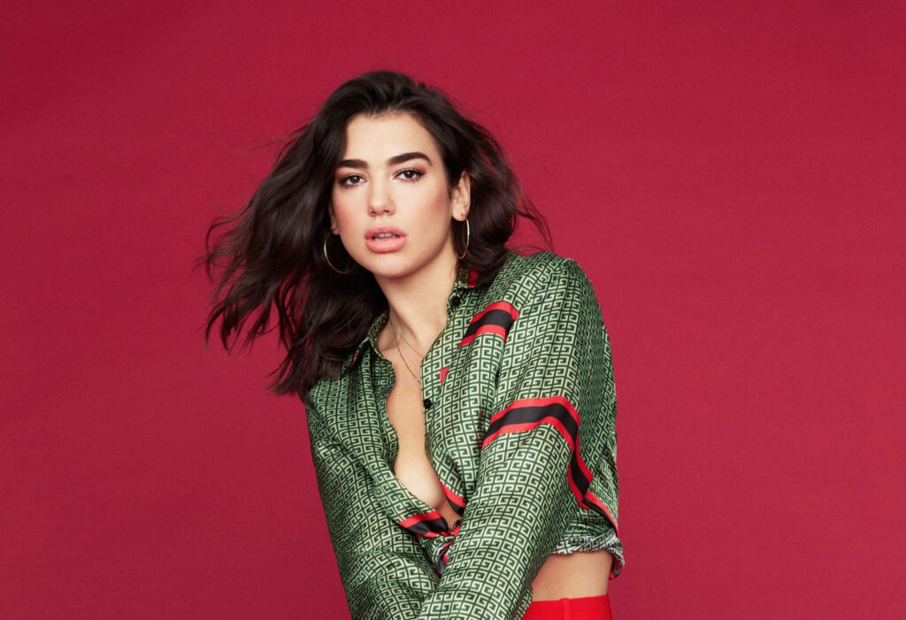 Vibrant 4K Wallpaper of Dua Lipa in Stylish Outfit Against Red Background