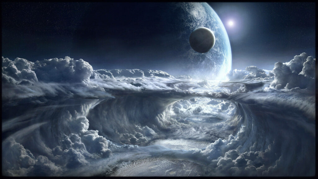 Stunning 4K Earth wallpaper with clouds, cosmic backdrop, and glowing celestial light.