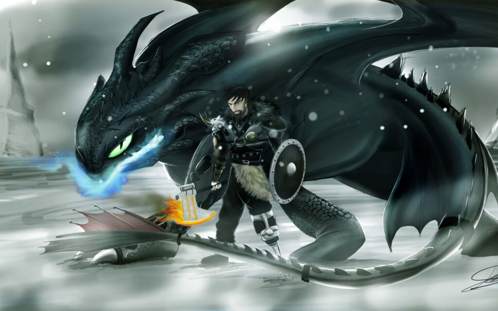 Heroic Dragon Scene 4K Wallpaper: Power & Unity in Snowy Setting