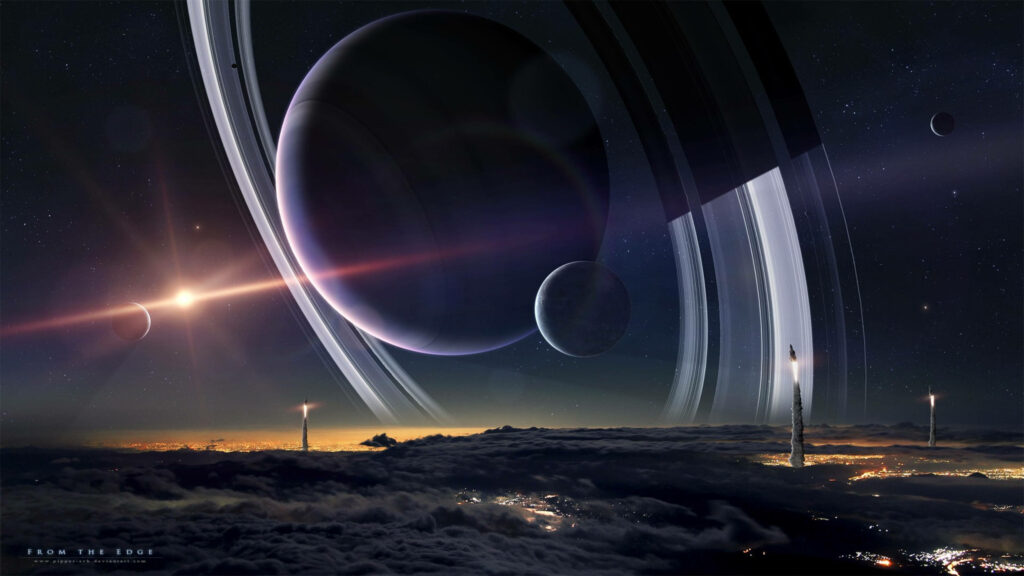 4K Wallpaper: Lighthouse in Surreal Saturn Landscape Background