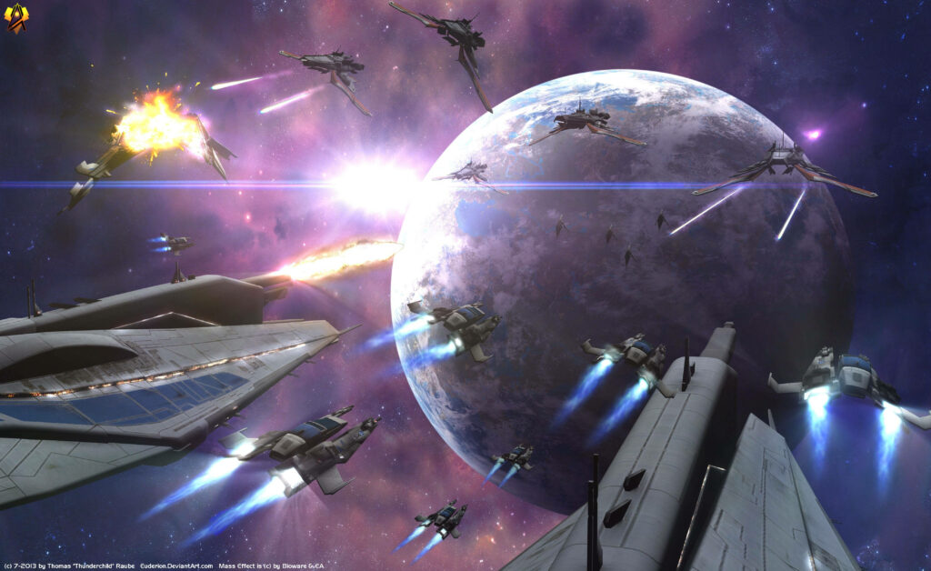Epic Mass Effect Galactic War: Stunning 4K Spaceship Battle Wallpaper