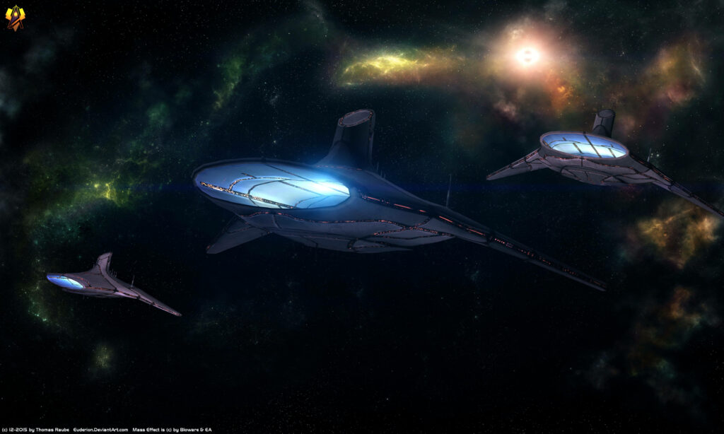 Stunning 4K Mass Effect Spaceships Wallpaper in Cosmic Background