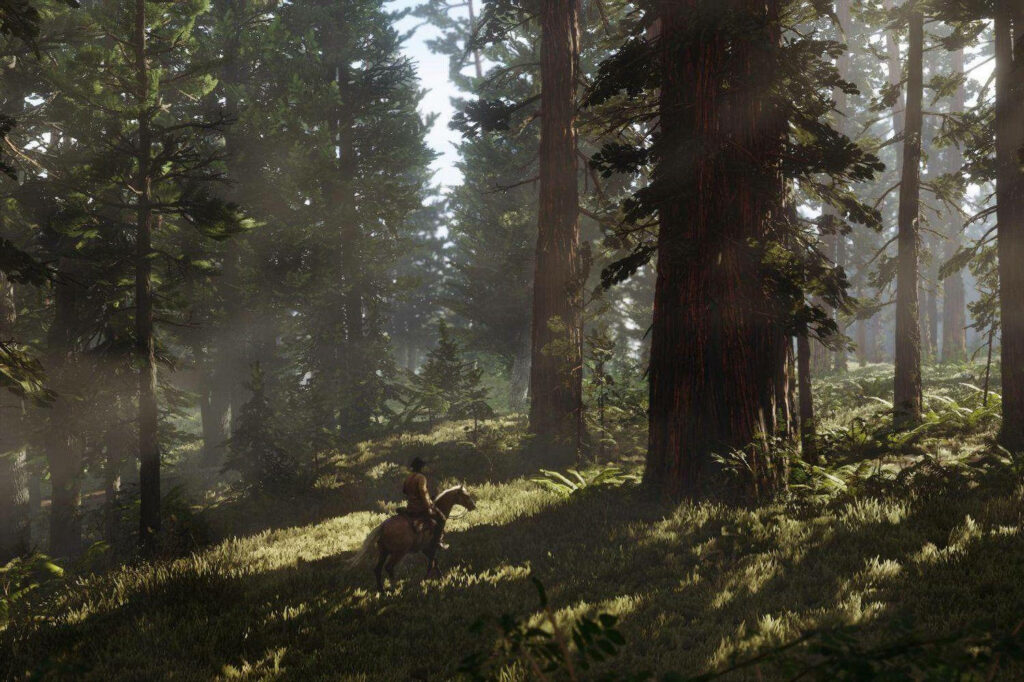 4K Red Dead Redemption 2 Wallpaper: Serene Forest Scene with Rider
