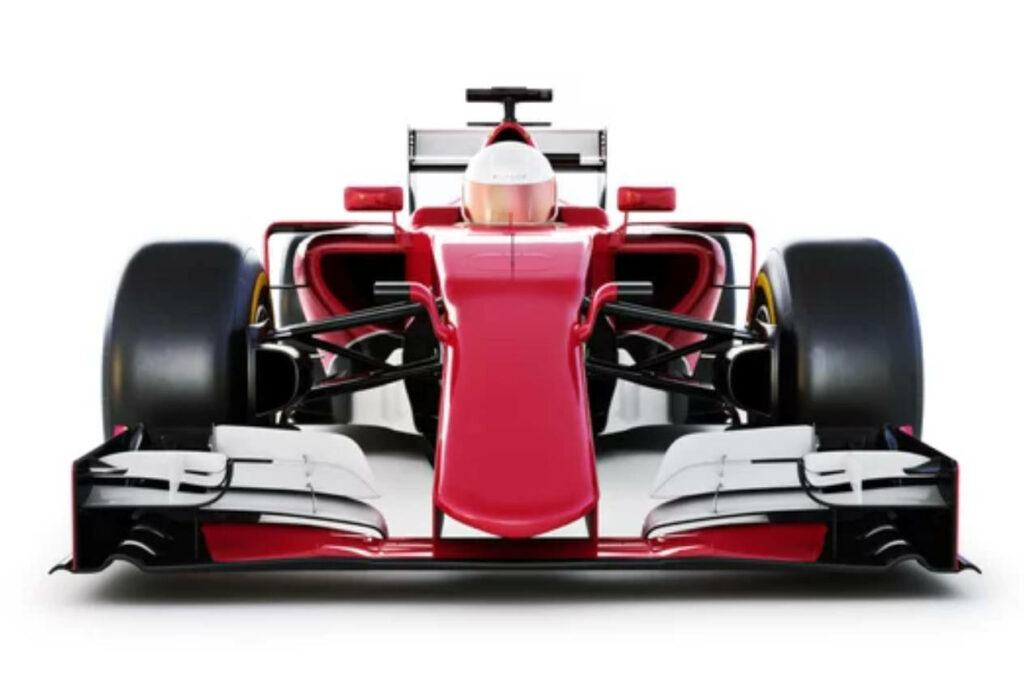 4k front view of sleek red Formula 1 car with aerodynamic design on white background wallpaper