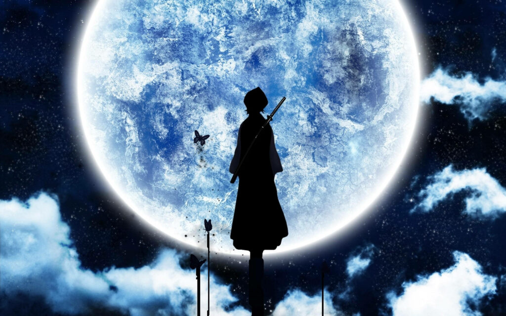 Stunning Rukia Kuchiki Silhouette 4K Wallpaper - Moonlit Anime Scene