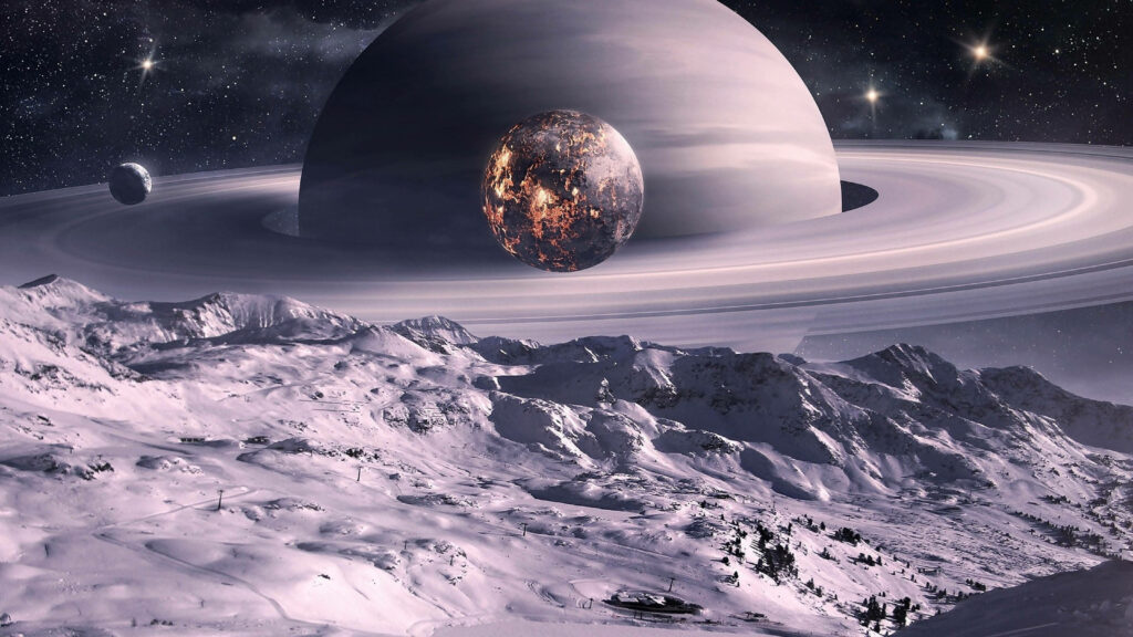 Stunning 4K Saturn Wallpaper: Majestic Rings Over Snowy Landscape