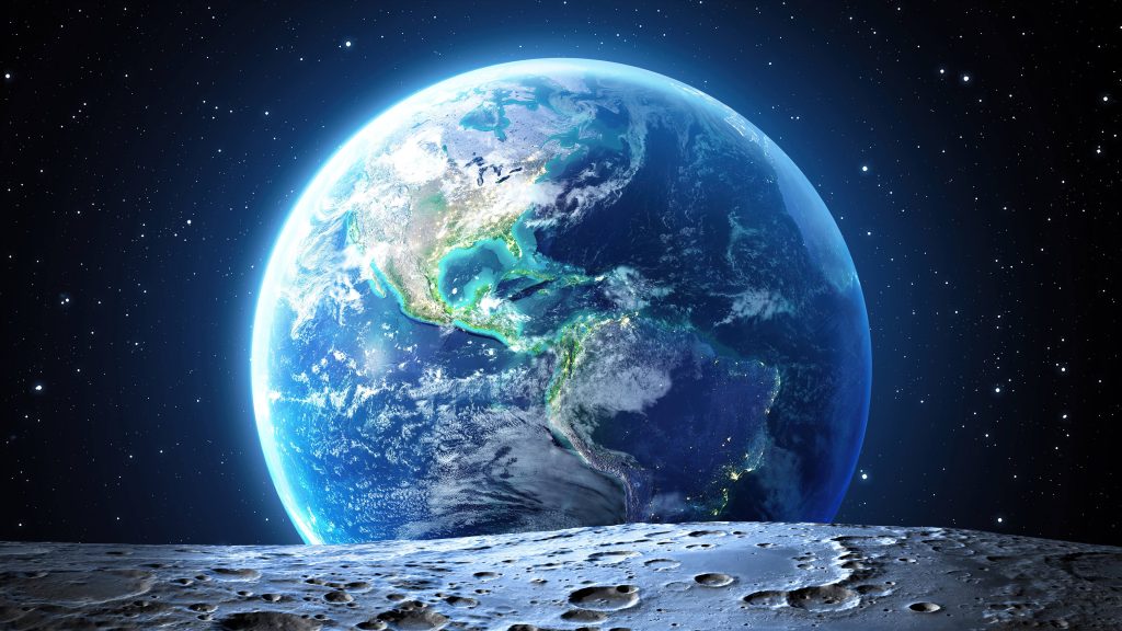 Stunning 4K UHD digital art of glowing Earth from detailed cratered Moon surface with starry space Wallpaper