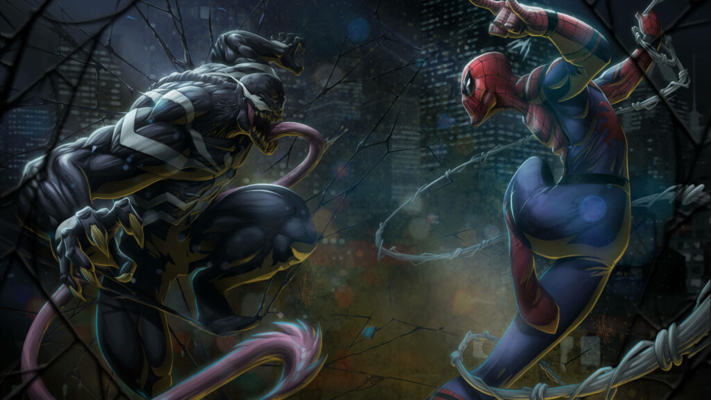 Epic Venom vs. Spider-Man 4K Wallpaper: Dynamic City Battle Scene