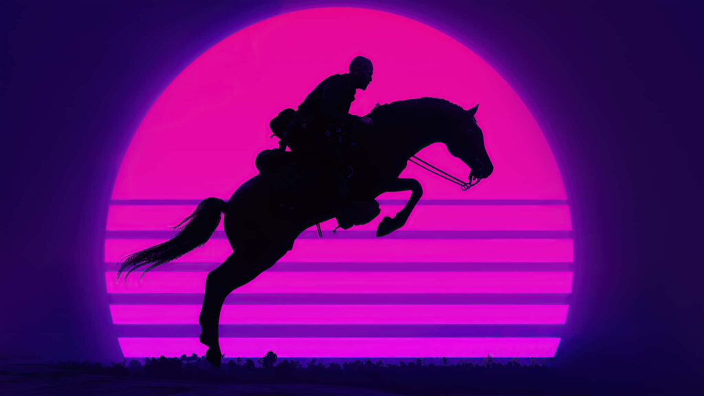 Retro Aesthetic 4K Wallpaper: Rider & Horse Silhouette in Neon Colors