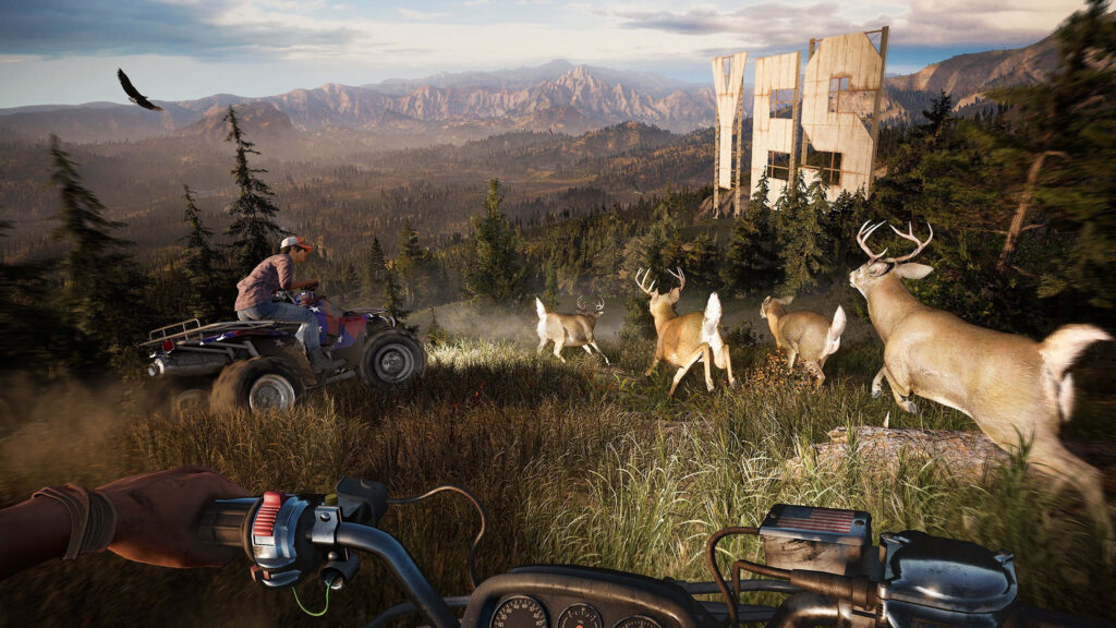 Explore Far Cry 5's Stunning Wilderness in Action-Packed ATV Chase Wallpaper
