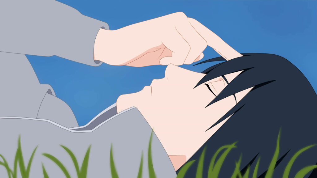 Sasuke Uchiha anime wallpaper forehead poke peaceful scene on grass under clear blue sky
