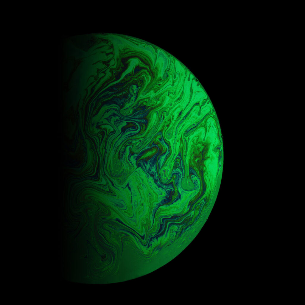 Spherical Abstract Art Wallpaper: Green & Blue Patterns on Black