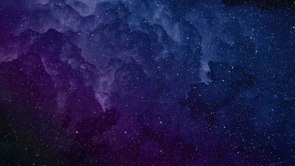 Vibrant 8K cosmic landscape wallpaper with purple-blue nebulae and sparkling stars.