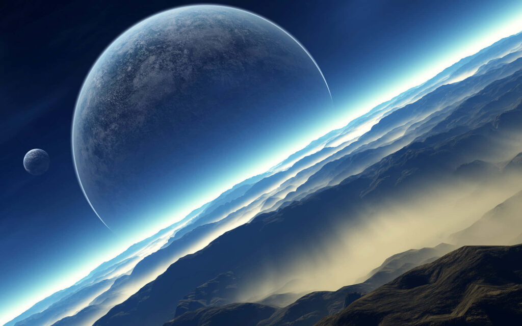 8K space wallpaper featuring a distant planet, moon, and celestial landscape under soft light.