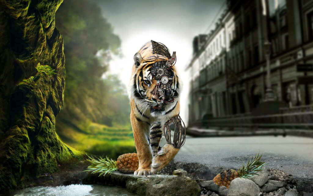 Stunning 8K UHD Wallpaper: Mechanized Tiger in Urban Nature Blend