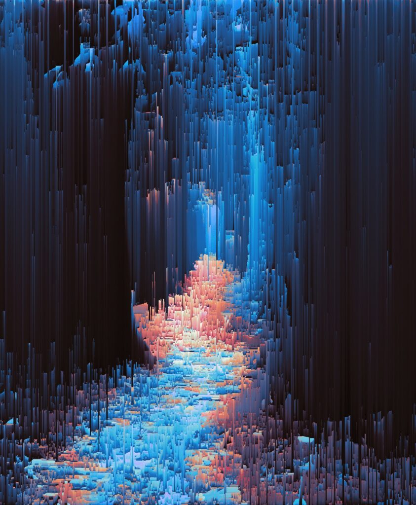 Stunning 1920x2332 Abstract Wallpaper: Vibrant Blue & Orange Glitch Design