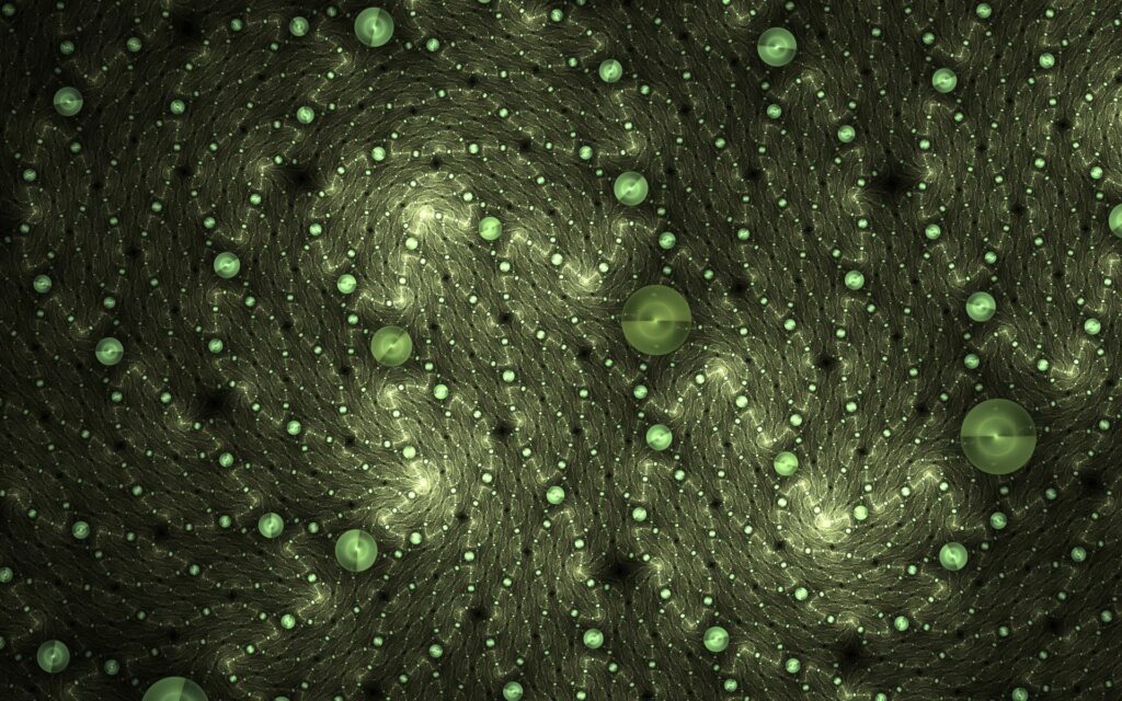 Abstract Green & Black Wallpaper with Swirling Patterns and Orbs
