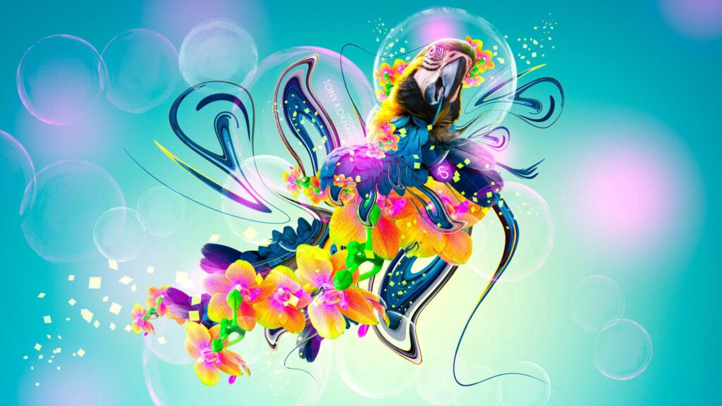 Vibrant Abstract Parrot Wallpaper with Floral Patterns - 1920x1080