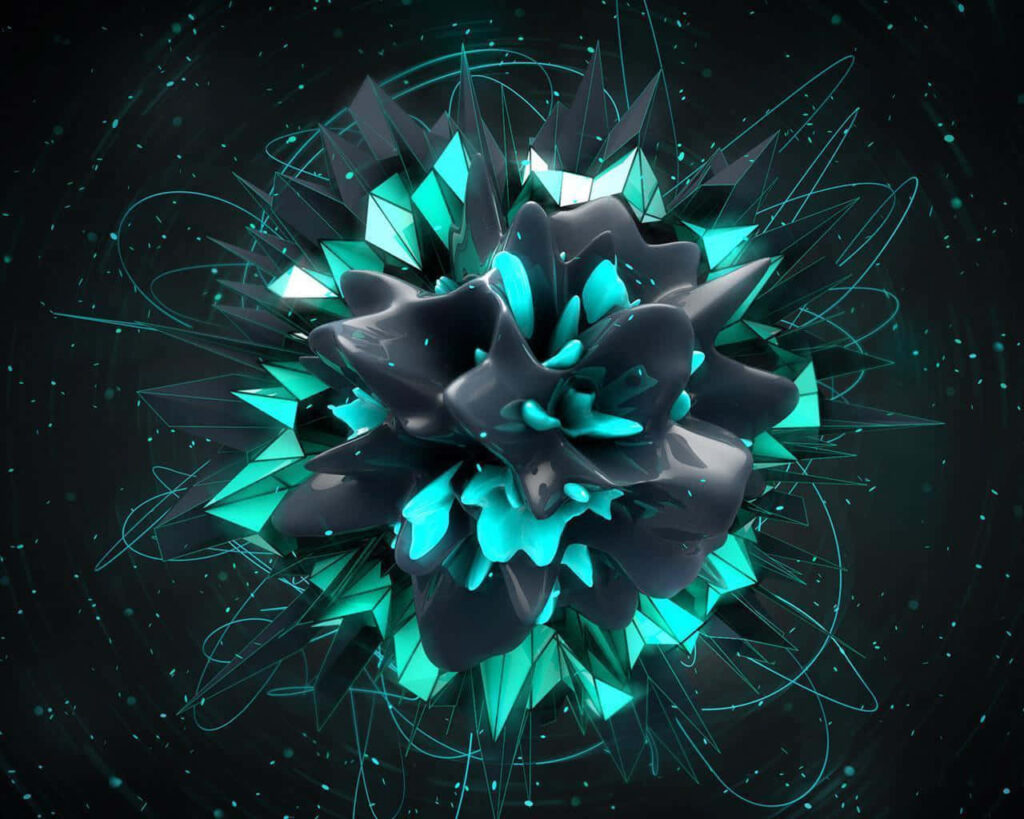 Stunning Abstract Wallpaper: Green & Blue Flower on Black Background