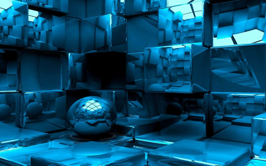 Mesmerizing Blue Cube Wallpaper with Reflective Sphere - Abstract Background