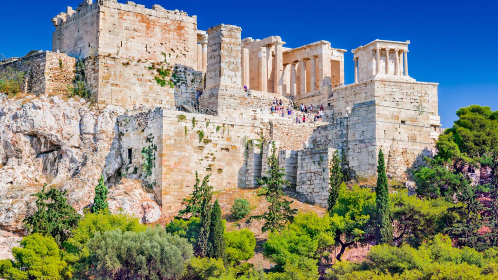 Stunning Acropolis Wallpaper: Lush Greenery & Vibrant Blue Sky