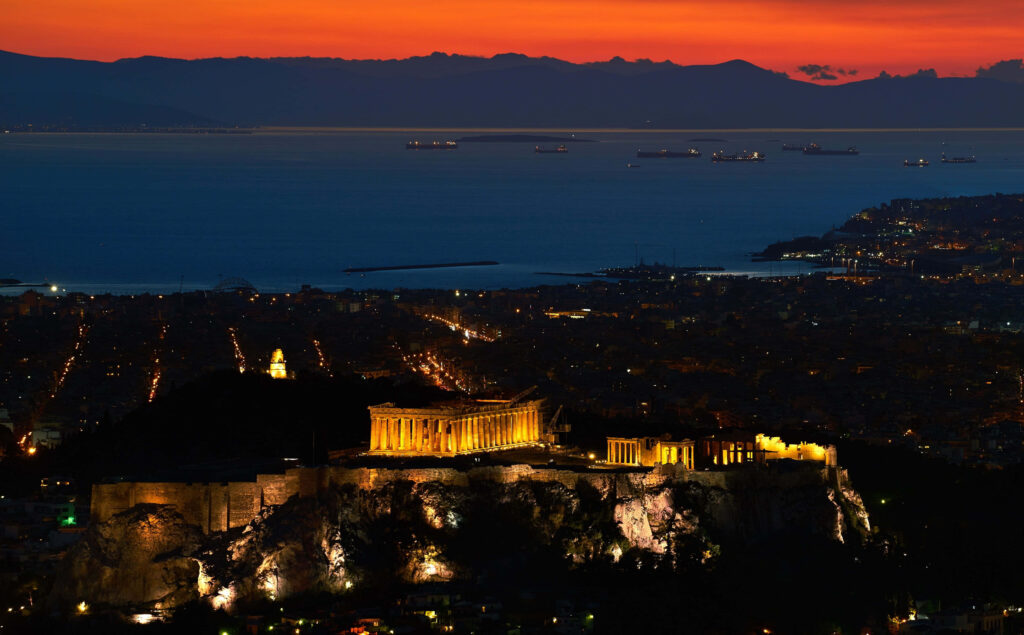 Breathtaking Acropolis Wallpaper: Sunset Over Saronic Gulf, Athens