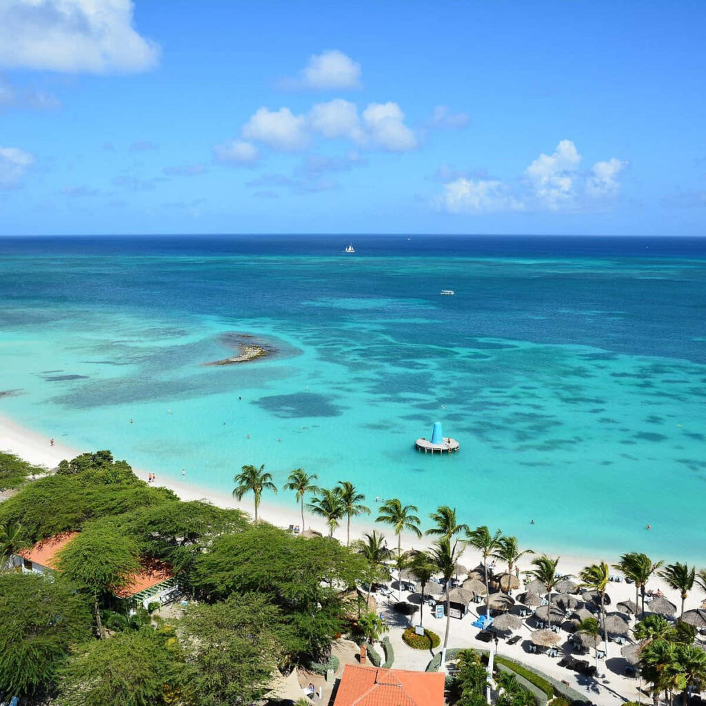 Tranquil Beach Aerial View: Crystal-Clear Waters & Lush Palms Wallpaper