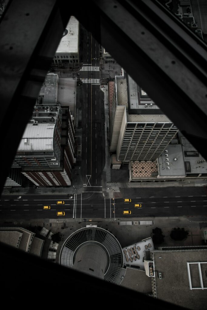 Artistic Aerial City Intersection Wallpaper with Modern Buildings