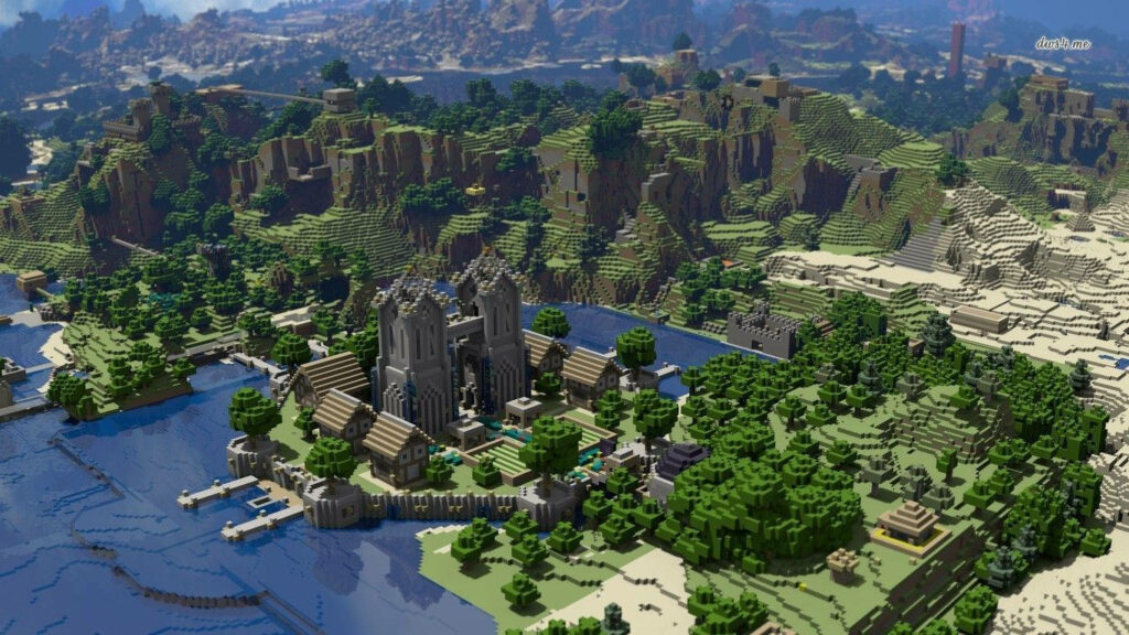 Stunning Aerial Minecraft City Wallpaper: Medieval Castle & Nature